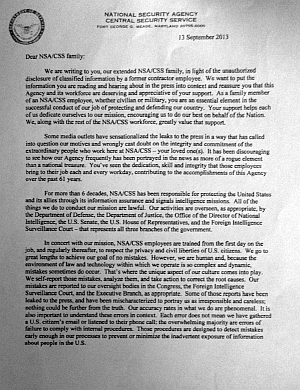 NSA Brief an Mitarbeiter Seite 1